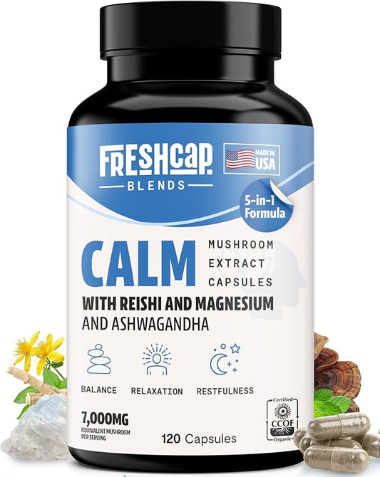 FreshCap Calm for Adults - Calm w/Reishi, Ashwagandha, St. John’s Wort, Lemon Balm, Magnesium - Balance, Relaxation & Emotional Stability -Ayurveda Daily Mushroom Supplement, Vegan - 60 Count
