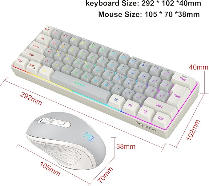 Snpurdiri 2.4G Wireless Gaming Keyboard and Mouse Combo, Include Mini 60% Mechanical Feel RGB Backlit Keyboard, Ergonomic Vertical Feel Small Wireless Mouse(White and Grey)