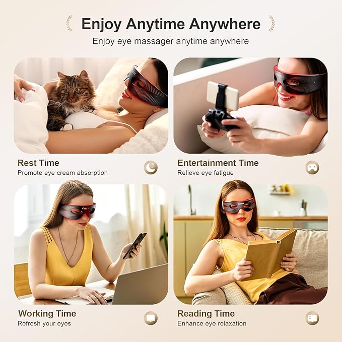 Red Light Therapy for Eyes, 3 Modes Under-Eye Red Light Eye Mask, Eye Massager for Fine Lines Eye Bags and Dark Circles for Men Women