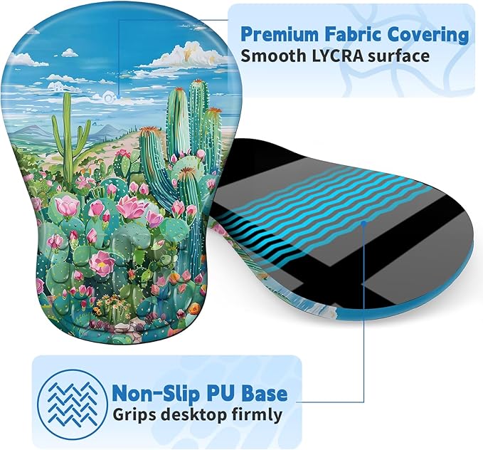 Ergonomic Mouse Pad with Wrist Rest Support, Mousepad with Comfortable Memory Foam Wrist Rest and Non-Slip PU Base for Pain Relief, Computer, Laptop, Office, Home (Cactus)