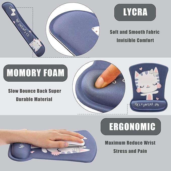 RICHEN Keyboard Wrist Rest Pad and Mouse Wrist Rest Support Mouse Pad Set,Sturdy & Comfortable & Lightweight for Easy Typing & Pain Relief-Ergonomic Support (Cute Cat)