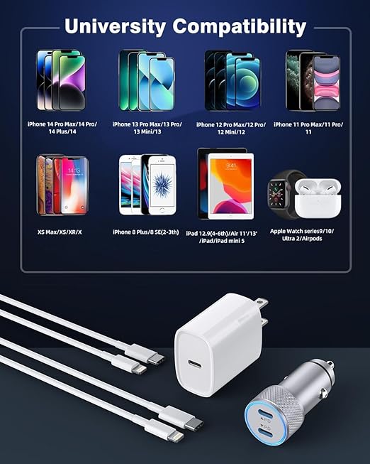 iPhone Car Charger,Dual Port USB C Fast Car Chargers,40W Type C i Phone Charger for Cars Quick Charging+2pack 3.3ft Lightning Cable + 20W USBC PD Plug Fast Charging for iPhone 14/13/12/11 Pro Max/iPad