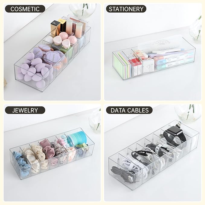 2 Pack Cable Storage Organizer Box with 8 Compartments and 14 Wire Ties, Stackable Charger Organizer, Clear Cord organizer for Drawer, Adjustable Divider Cord Management Box