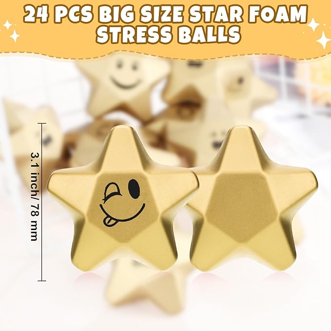 Deekin 24 Pieces 3.1 Inch Star Stress Balls Gold Mini Foam Ball Star Stress Toys Bulk Stress Relief Gifts for Coworkers Adult Goodie Bag Stuffers Teen Party Favors School Office Award(Smile Face)