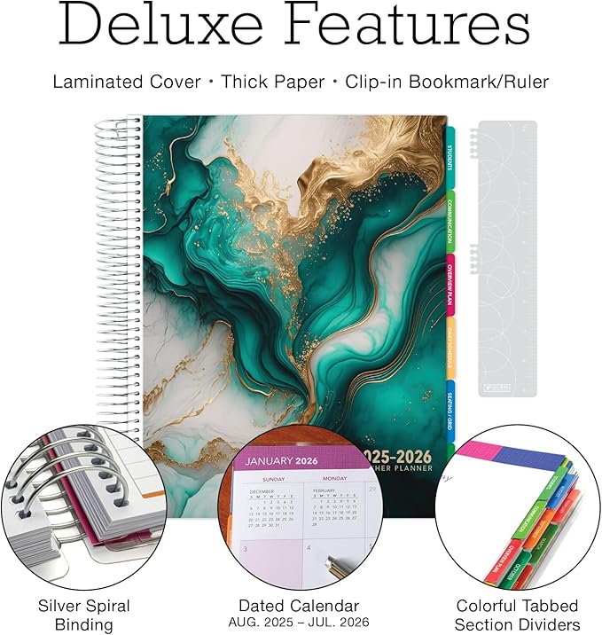 Aug 2025-Jul 2026 Deluxe Teacher Planner Notebook 8.5x11 Daily Weekly Monthly Organizers with 7 Periods, Pocket Folder, Dated Calendar, Page Tabs, Bookmark and Planning Stickers (Teal Gold Marble)