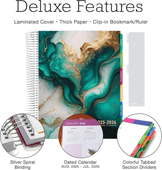 Aug 2025-Jul 2026 Deluxe Teacher Planner Notebook 8.5x11 Daily Weekly Monthly Organizers with 7 Periods, Pocket Folder, Dated Calendar, Page Tabs, Bookmark and Planning Stickers (Teal Gold Marble)