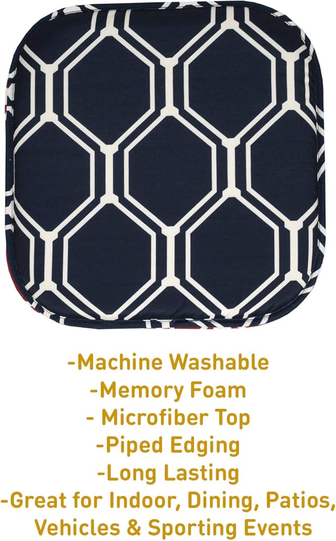 Sweet Home Collection Chair Cushion Memory Foam Pads Honeycomb Pattern Slip Non Skid Rubber Back Rounded Square 16" x 16" Seat Cover, 4 Pack, Mirage Navy/White