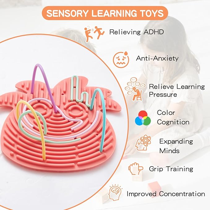 2 Pack Sensory Activity Board with 20 Random-Color Strings, Double-Sided Silicone Sensory Fidget Toy for Kids and Adults with Autism, ADHD, Silent, Stress Relief, Calming, Focus, Gift for Girls Boys
