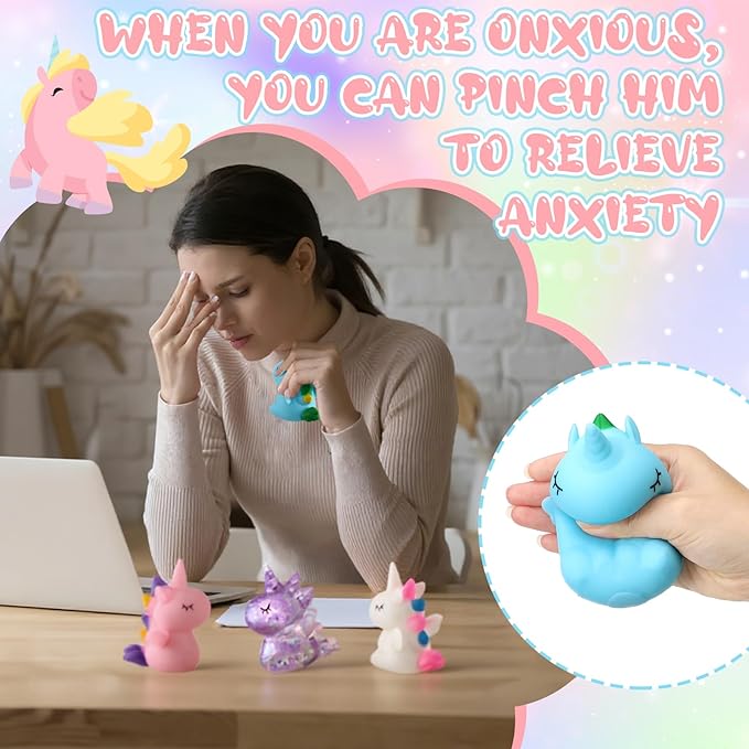 Meooeck 24 Pcs Unicorn Stress Relief Toys Mini Animal Toys for Relief Cute and Fun Stress Balls Unicorn Birthday Party Decorations for Christmas, Office, Stocking Stuffer Gift