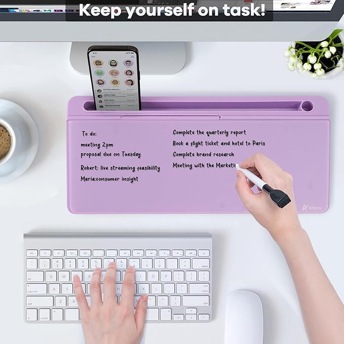 Varhomax Glass Desk Whiteboard with Storage, Desktop Organizer to-do List Memo Notepad Dry Erase White Board for Home Office and School Supplies (Purple)