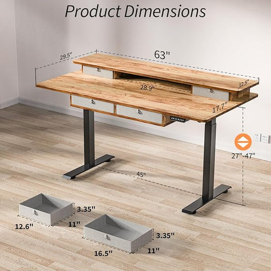 Standing Desk with Fast Charging USB Ports, 63" x 30" Height Adjustable Home Office & Gaming Desk, Sit Stand Desk with Built-in Storage Shelf, Hook & Ergonomic Design(Light Rustic)