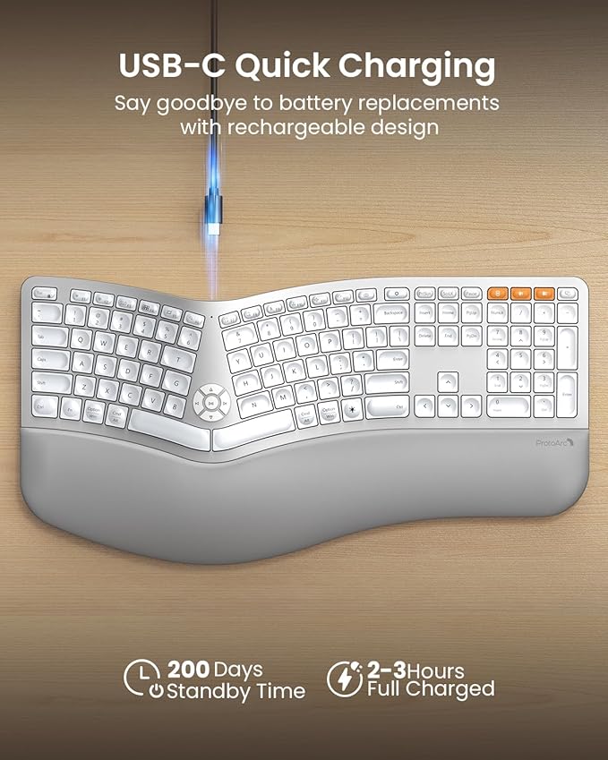 ProtoArc Backlit Bluetooth Ergonomic Keyboard, EK01 Plus Full Size Wireless Split Keyboard with Dual Bluetooth and USB, Cushioned Wrist Rest, Rechargeable, for Windows/Mac/Android, White and Silver