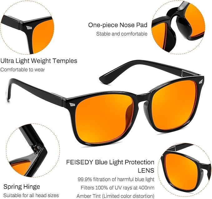 FEISEDY Orange Blue Light Blocking Glasses for Woman Men Amber Lenses Computer Gaming Glasses for Better Sleep