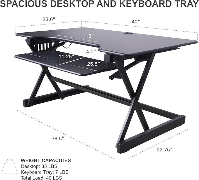 Rocelco 40" Height Adjustable Standing Desk Converter with AC Outlet USB Charger and Anti-Fatigue Floor Mat - Sit Stand Up Tabletop Riser - Sliding Keyboard Tray - Black (R DADRB-40-ACUSB-MAFM)