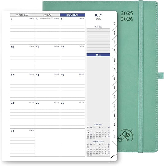 POPRUN Monthly Planner 2025-2026, Large-8.5'' x 11.25'', 13-Monthly Calendar Book (July 2025-July 2026) Academic Calendar Planner with Stair Tabs, PU Leather Soft Cover, 100GSM - Midnight Green