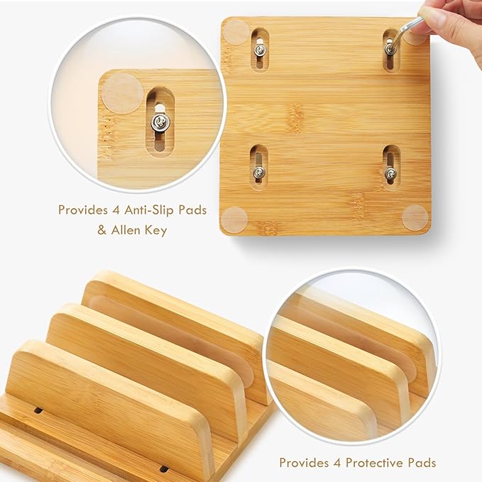 Vertical Laptop Stand for Desk, Double Stand Holder with Adjustable Dock 0.98" to 1.77", Fits All MacBook/Surface/Samsung/HP/Dell/Chrome Book, Natural Bamboo