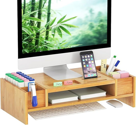 Ufine Bamboo Monitor Stand with Storage Compartments Ergonomic Computer Laptop Riser Small Space Organizer for Home Office