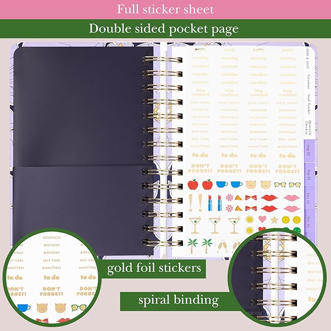 kate spade new york Daily Planner 2025-2026 Medium Agenda August 2025-December 2026, Hardcover Weekly and Monthly Spiral Planner with Stickers (Coastal Garden)