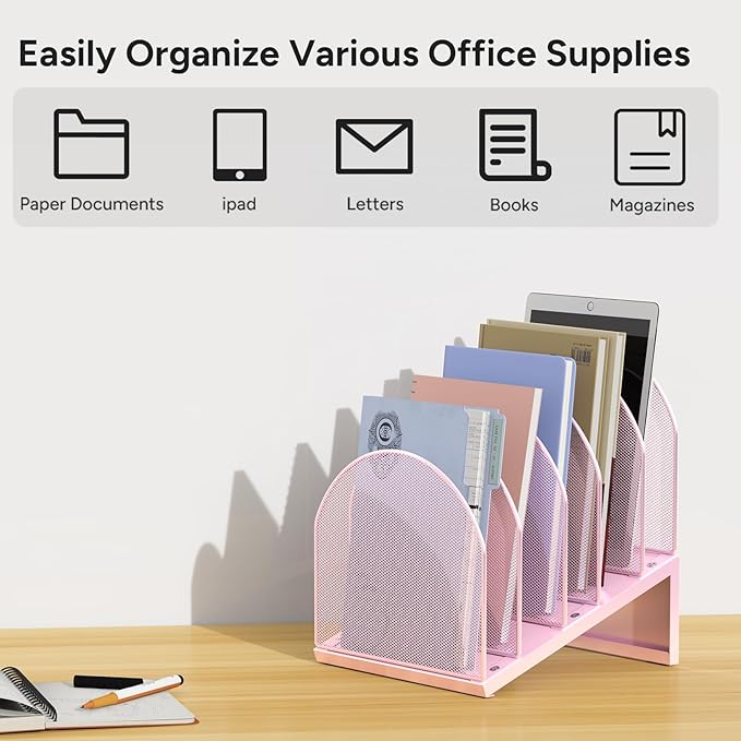 5-Section Desk File Organizer, Metal Mesh Folder Organizer for Documents, Mail & Office Papers (Pink)