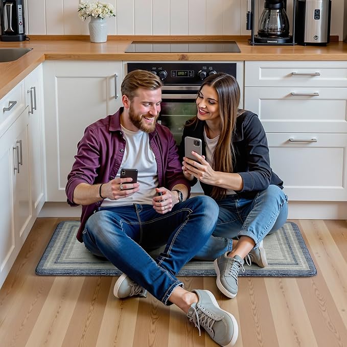 KIMODE Anti Fatigue Kitchen Mat, Cushioned Boho Oriental Kitchen Runner, Non Slip Waterproof Kitchen Mat for Floor, Comfort Foam Standing Desk Mat for Laundry, Office, Sink Blue and Grey 20"x39"