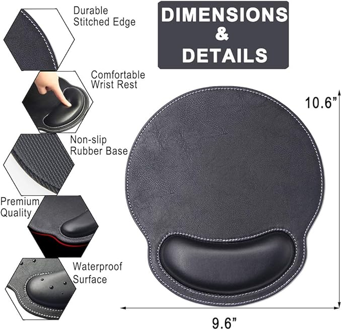 Mouse Pad Leather Wrist Rest Support, Ergonomic Memory Foam Mouse Wrist Rest Pad with Non Slip Rubber Base, Durable, Comfortable Mousepad for Computer Pain Relief at Home, Office, Work Travel, Black