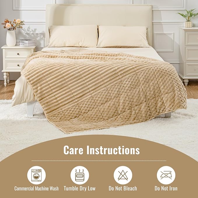 Uttermara Fleece Weighted Blanket for Adults Queen Size 15lbs, Soft Sherpa Weighted Blankets for Sleeping and Calming, Fuzzy Heavy Blanket for Bed and Couch, 60 x 80 Inches, Light Brown