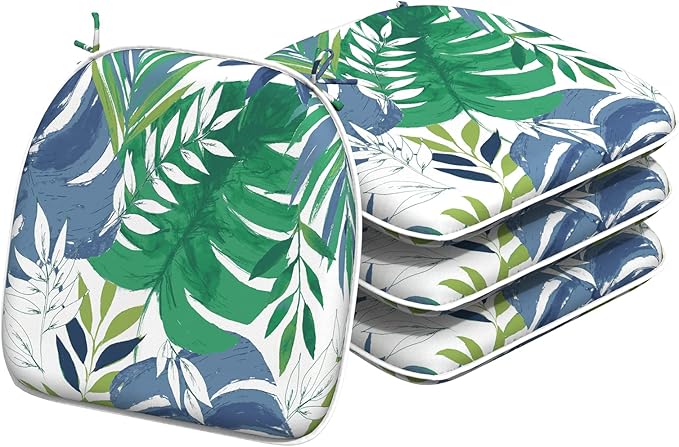 Indoor/Outdoor Chair Cushions 16x17 Inch, Patio Chair Cushions with Ties, All Weather Seat Cushions for Patio Furniture Home Garden Chair Use, Set of 4, Islamorada Blue Green