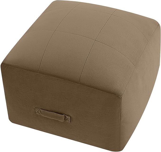 MeMoreCool Square Stuffed Pouf Ottoman Foot Rest, Floor Pouf Foot Stool with Foam Chunk Filling, Soft Stuffed Ottoman Footrest for Living Room, Light Coffee