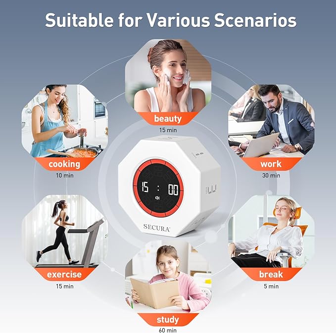 Secura Pomodoro Timer, Rotating Cube Time Tracker, Flip Gravity Sensor with 7 Presets(1/3/5/10/15/30/60 Minutes), Visual Progress Bar for ADHD, Kids, Tasks, Work, Study (White)