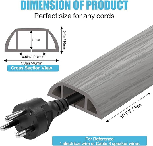 Floor Cord Cover Self Adhesive Cord Hider,10FT Cable Management, Extension Strip Protector for Wires, Prevent Cable Trips for Offices, Gyms, Exhibitions Cavity:0.51"(W) x 0.3"(H) Gray Wood