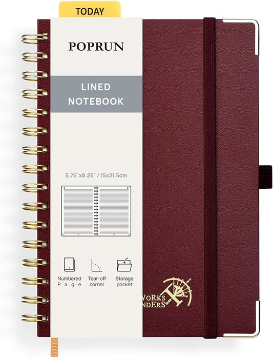 POPRUN Lined Spiral Journal Notebook, [A5-5.75'' x 8.25''] - 120 GSM Thick Paper, 141 Numbered Pages, College Ruled Notebook for Men & Women with Pocket, Index Tabs, 8 Perforated Sheets, Burgundy
