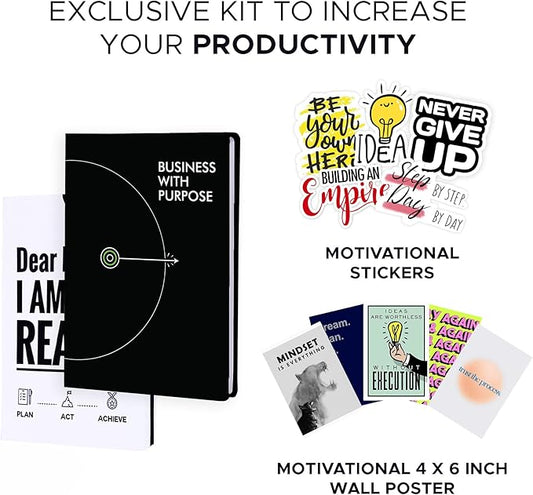 MOMENTUM PLANNER - Daily, Weekly, Monthly Business Productivity Planner Kit, Black Undated A5 size Planner - 192 Pages Journal Motivational stickers & Post cards - for Office, Students 2025