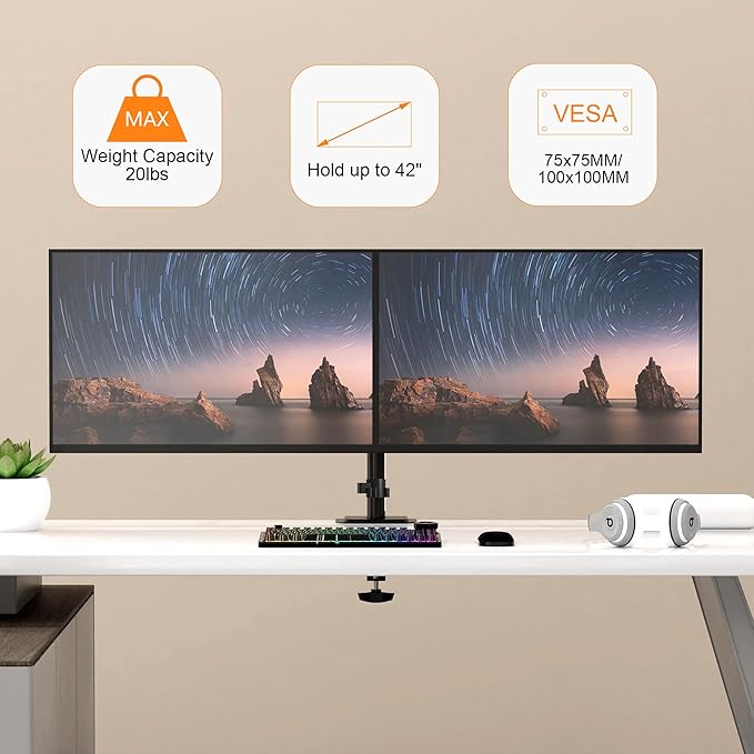 Pholiten Dual Monitor Stand, Heavy Duty Adjustable Monitor Arm Desk Mount for 2 Screens up to 42Inches, Tilt, Swivel, Rotate, Supports Tilt, Swivel, Rotate, Supports 22 lbs per Arm,Black