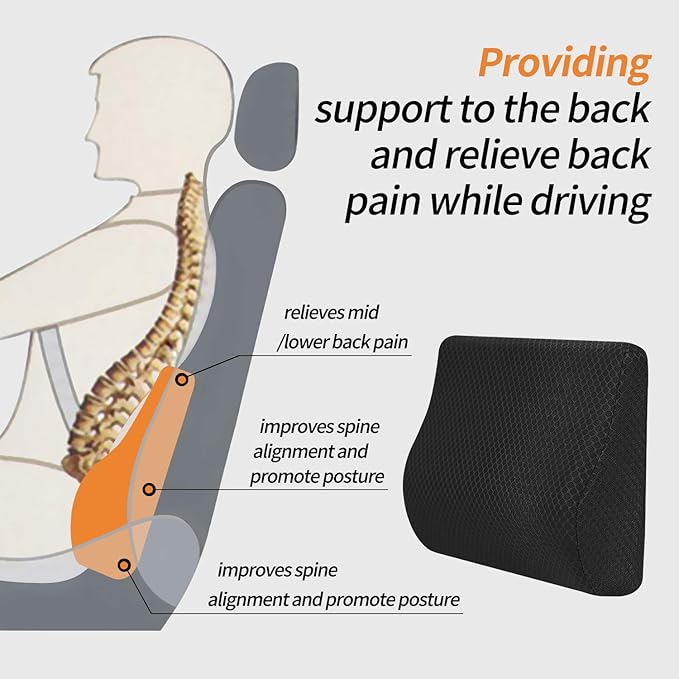 Memory Foam Lumbar Support Pillow for Car - Lower Back Support Cushion for Driving, Back Pain Relief for Car Seat, Office Chair, Wheelchair (Black)