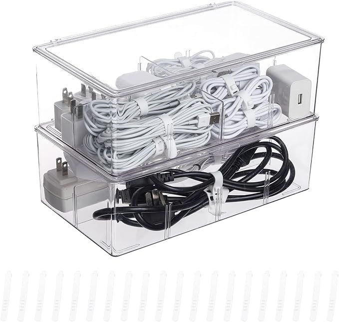 Yesesion Clear Plastic Storage Bins with Lid, Large Cable Organizer Box with Lid and 20 Wire Ties, Adjustable Electronic Cord Management Case for Desk Drawer, Home Office, Art Crafts Supply (2 PACK)
