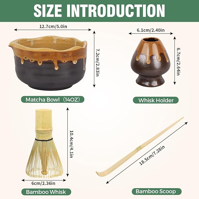 Pottery Matcha Set - Japanese Handcrafted Matcha Tea Bowl Mineral Glaze Bowl with Spout, Bamboo Whisk, Scoop & Chasen Holder | 4pc Tea Ceremony Kit for Matcha Lovers (Coffee Sand)