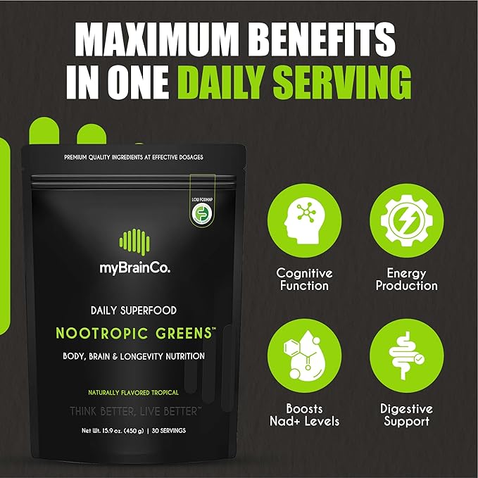 Nootropic Greens - Premium All-in-One Body, Brain & Longevity Optimization Nutrition. Organic Greens & Superfoods, Alpha-GPC, L-Theanine, Lion’s Mane, TMG, NR, NAC & More. (15.9 oz)