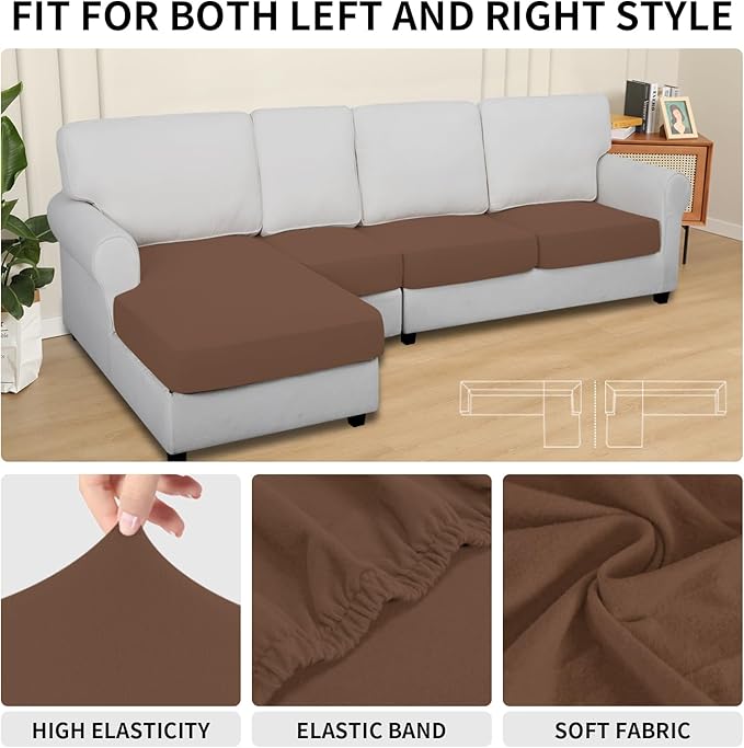 Easy-Going 100% Waterproof 4 Pieces Couch Cushion Covers for Sectional Sofa Left/Right L Shape Chaise Lounge Sofa Seat slipcover Anti-Slip Sofa Cover (3 Seater + 1 Chaise, Brown