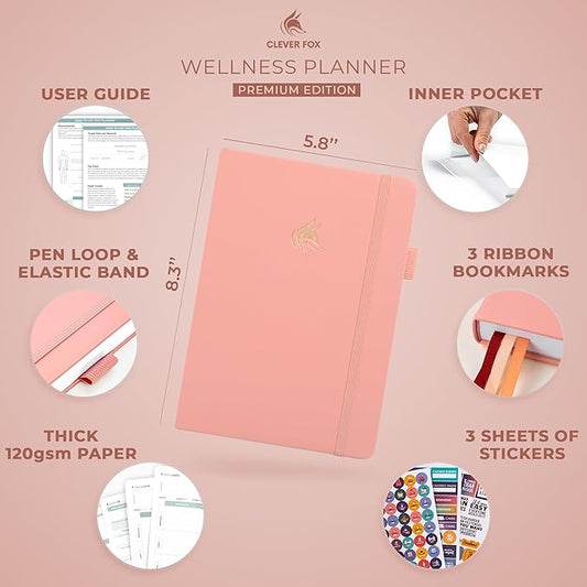 Clever Fox Wellness Planner - Weekly & Daily Health and Wellness Log, Food Journal & Meal Planner Diary for Calorie Counting, Notebook for Medical Condition Tracking, A5-Sized - Light Pink