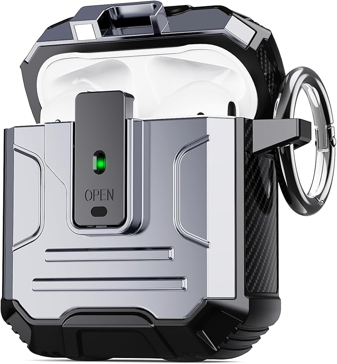 DASFOND Armor Cover AirPods 2nd & 1st Generation Case, Military Grade Full Body Shockproof Protection Hard Case, Support Wireless Charging with Keychain, Magnetic Lid, Front LED Visible, Silver