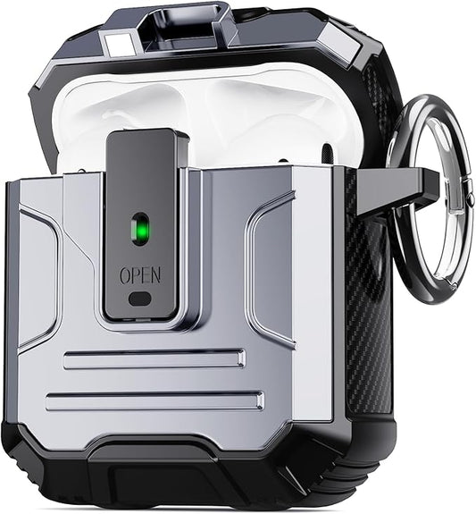 DASFOND Armor Cover AirPods 2nd & 1st Generation Case, Military Grade Full Body Shockproof Protection Hard Case, Support Wireless Charging with Keychain, Magnetic Lid, Front LED Visible, Silver