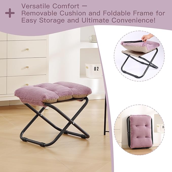 LITA Folding Footrest Stool, Portable Ottoman Foot Rest, Upholstered Small Foldable Ottoman Stool with Detachable Thick Cotton Cushion Padded Sofa Stool for Living Room, Bedroom, Plush Purple