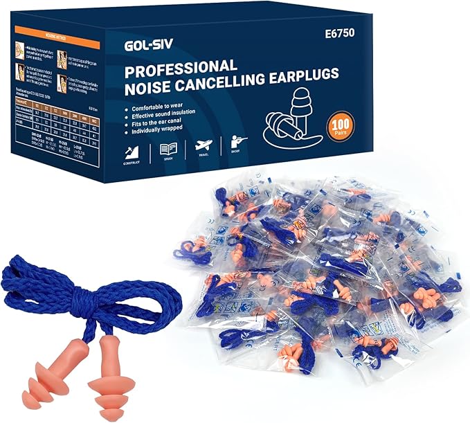 100 Pairs Silicone Corded Ear Plugs SNR 32dB - Reusable Noise Reduction Earplugs with String,Individually Wrapped,for Work & Construction Site,Orange