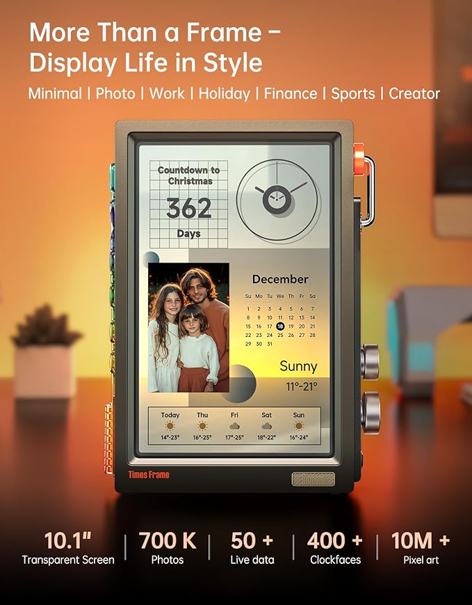 Divoom Times Frame-10.1" Digital Picture Frame Transparent IPS Smart Linux OS with RGBLED Rotary Knob WiFi 64GB 400+Clock Faces Widget 50+API Feeds Gift Mode Pixel Art Community Personalized Display