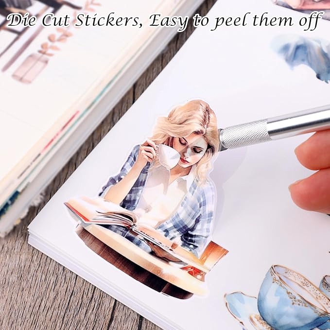 AVECMOI Reading Themed Journaling Stickers for Women, Paper & PET Aesthetic Scrapbook Sticker Book with 225 Images for Junk Journal, Planner and Collage