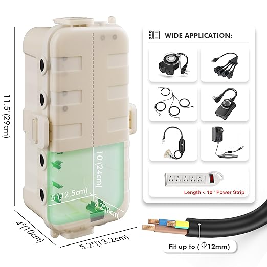 RESTMO Outdoor Electrical Box, IP54 Weatherproof Extension Cord Cover with 6 Cable Entry Ports, Waterproof Connection Box Protect Power Strip, Timer, Plug, Holiday Lights, (11.5x5.2x4 inch), Almond