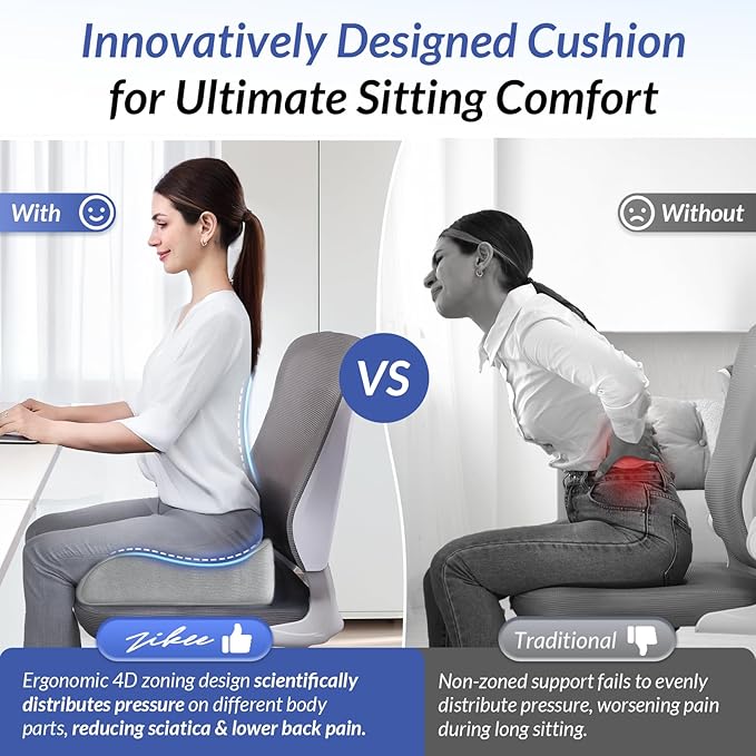 ZIKEE Gel Seat Cushion for Office Chair and Car Seat with Ergonomic Zoning, Memory Foam Chair Cushion for Sciatica, Lower Back, Tailbone Pain Relief and Intimate Ventilation, Non-Slip & Airy Cover