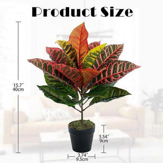 Briful 15.7" Artificial Croton Real Touch Potted Plant Artificial Indoor Decor, Fake Plants for Home Farmhouse Table Desk Decorations