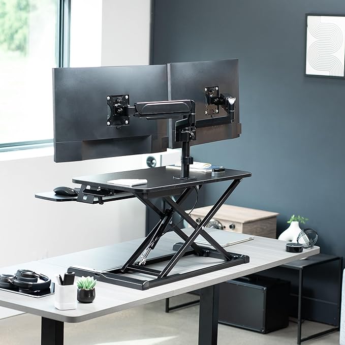 VIVO 32 inch Standing Desk Converter with Dual Monitor Mount for up to 32 inch Screens, Height Adjustable Riser with Pneumatic Spring Arms, Black, DESK-KIT-0K2K