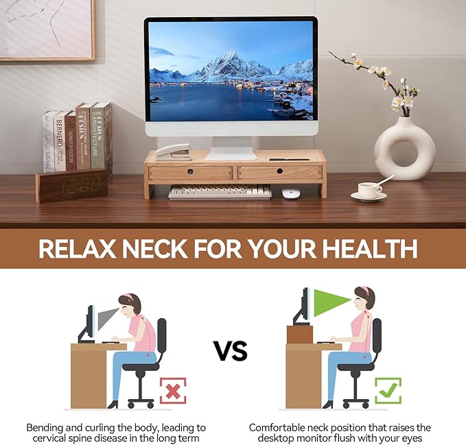 KIRIGEN Wood Monitor Stand with 2 Drawers - Computer Arm Riser Desk Storage Organizer,Speaker TV Laptop Printer Stand with Pen Slot and Cable Management,2-Tier Desktop Shelf NA-2PMJ